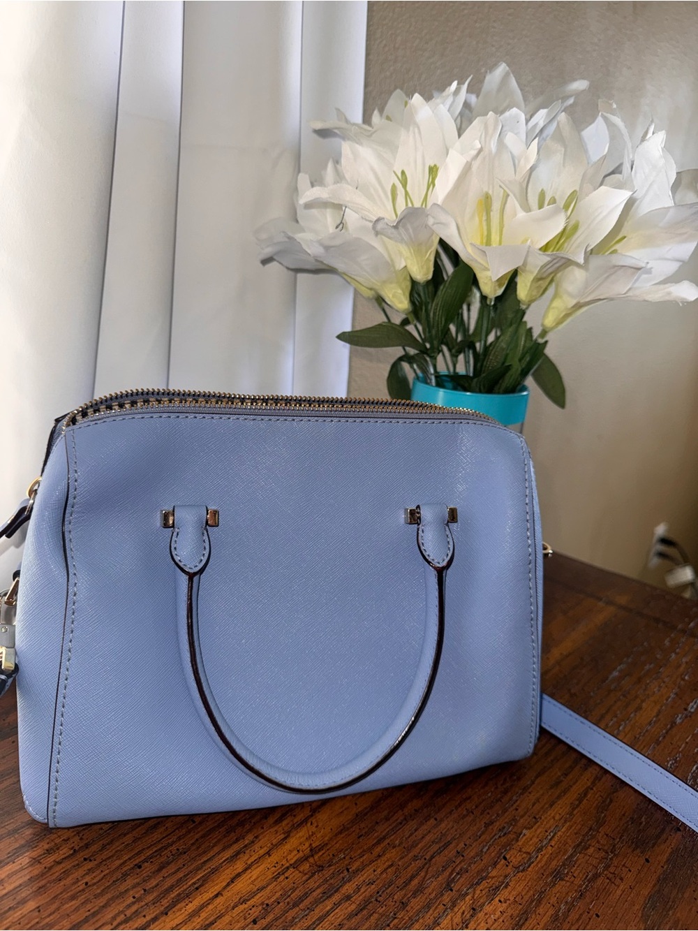 Kate Spade New York Powder Blue Saffiano Leather Satchel Crossbody Purse - Picture 3 of 9